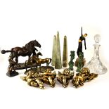 A spelter model of a heavy horse with his handler and a quantity of collectibles to include a pair