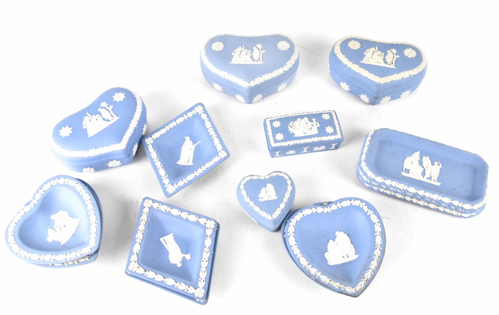 Various pieces of Wedgwood blue jasper ware to include four heart-shaped lidded boxes,