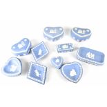 Various pieces of Wedgwood blue jasper ware to include four heart-shaped lidded boxes,