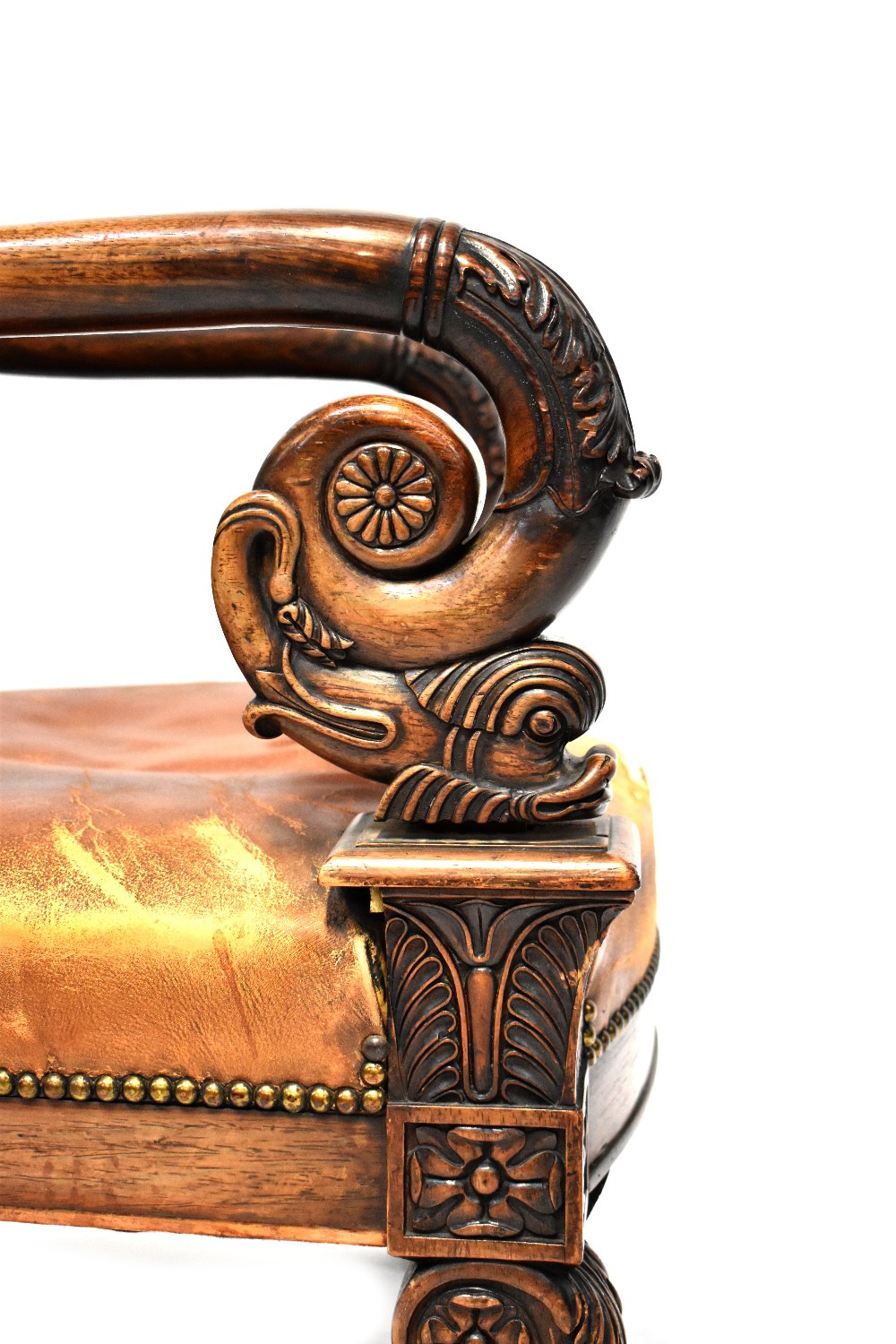 A 19th century rosewood open arm library chair with foliate and Athenian carved top rail, - Image 2 of 7