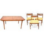 A retro Mackintosh teak extending dining table to tapering supports, two extra leaves to the centre,