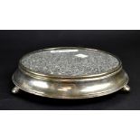 A Victorian hallmarked silver teapot stand with marble insert top, on three ball feet, marks rubbed,