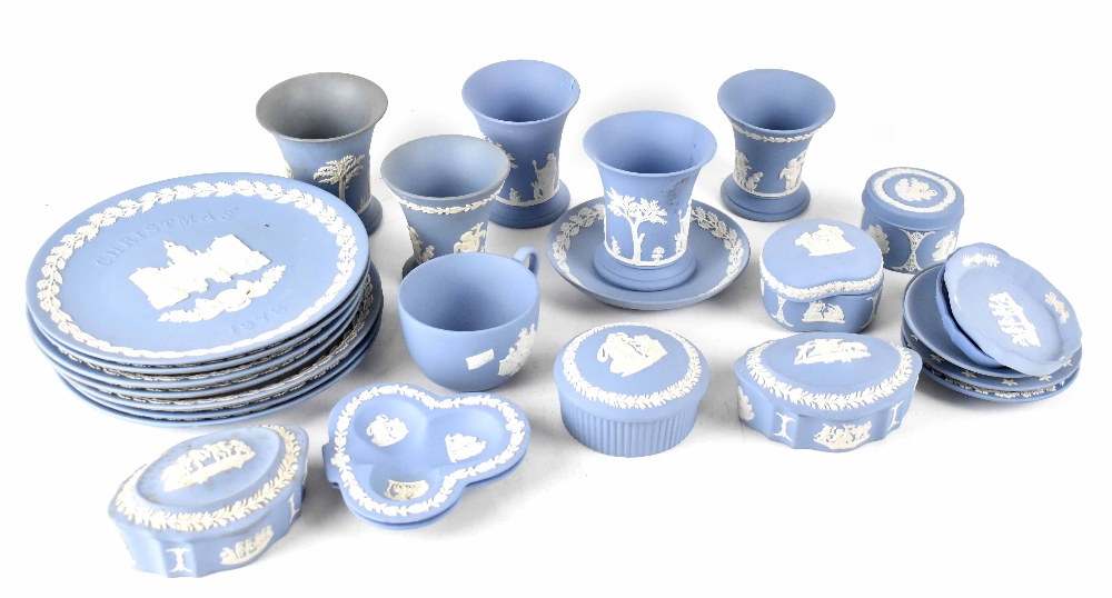 A mixed collection of Wedgwood blue jasper ware to include five small campana shaped vases,