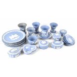 A mixed collection of Wedgwood blue jasper ware to include five small campana shaped vases,