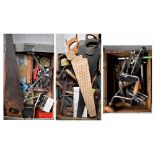 A quantity of vintage tools and equipment to include a saw, Tayler tools,