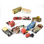 Various vintage diecast, tin-plate and wooden vehicles to include a Tri-ang No2 Minic Musical car,