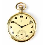 Omega; a gold plated open faced pocket watch,