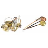 A quantity of mainly late 19th and early 20th century metalware to include a brass jam pan and two