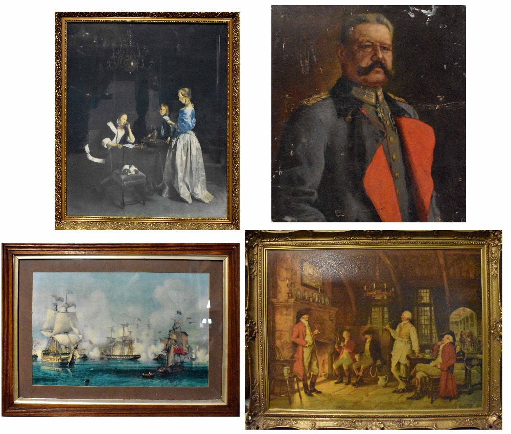 Three large decorative prints, 'Landlord's Story', 68 x 100cm, a 17th century Dutch school print,