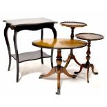 Four various reproduction occasional tables comprising two piecrust top wine tables,