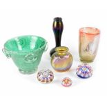 Four pieces of vintage art glass to include Canadian Glass and Robert Held peacock swirl short vase