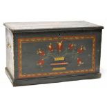 A barge ware painted pine blanket box with metal drop handles,