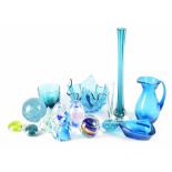 A small quantity of coloured glass items to include blue cased glass studio vase and seven