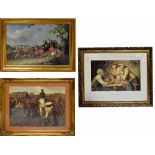 Five lithographic prints of Victorian paintings, one of a bridal scene,