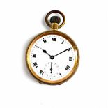 A gold plated keyless wind open face pocket watch, 50mm (af).