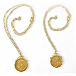A George V half sovereign in hallmarked 9ct gold mount suspended on a 9ct gold necklace,