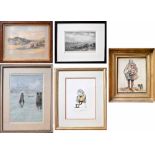 Thirteen various watercolours and prints to include, B Lowe; watercolour of evening winter scene,