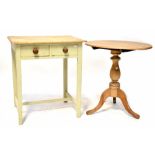 A pine side table with painted base of two drawers, on square legs united by an H-stretcher, 77.
