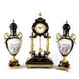A modern Limoges porcelain and metal mounted clock garniture,