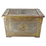 An Arts & Crafts brass coal box of rectangular form with roundels depicting tall-masted ship motifs,
