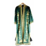 A modern Ottoman/Turkish style cashmere robe profusely decorated with gold coloured thread on green