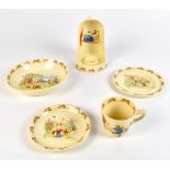 ROYAL DOULTON; five pieces of 'Bunnykins' nursery ware comprising a nightlight holder, cup (af),