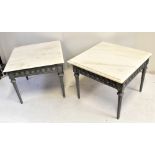 A pair of reproduction marble top coffee tables of square form, on silvered bases, diameter approx