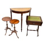 A pair of reproduction tripod wine tables, a demi-lune console table and a small sofa type