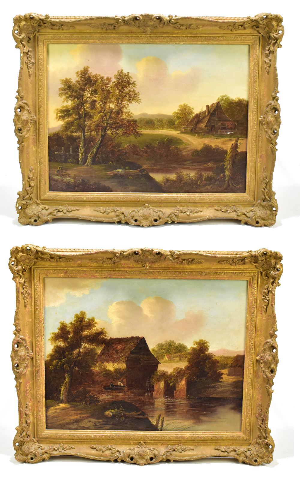 C MORRIS; a pair of oils on canvas, rural landscapes with mill and cottage, both signed, 35 x