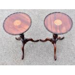 A pair of Edwardian inlaid mahogany tripod wine tables, height 44cm, diameter 25cm.Additional
