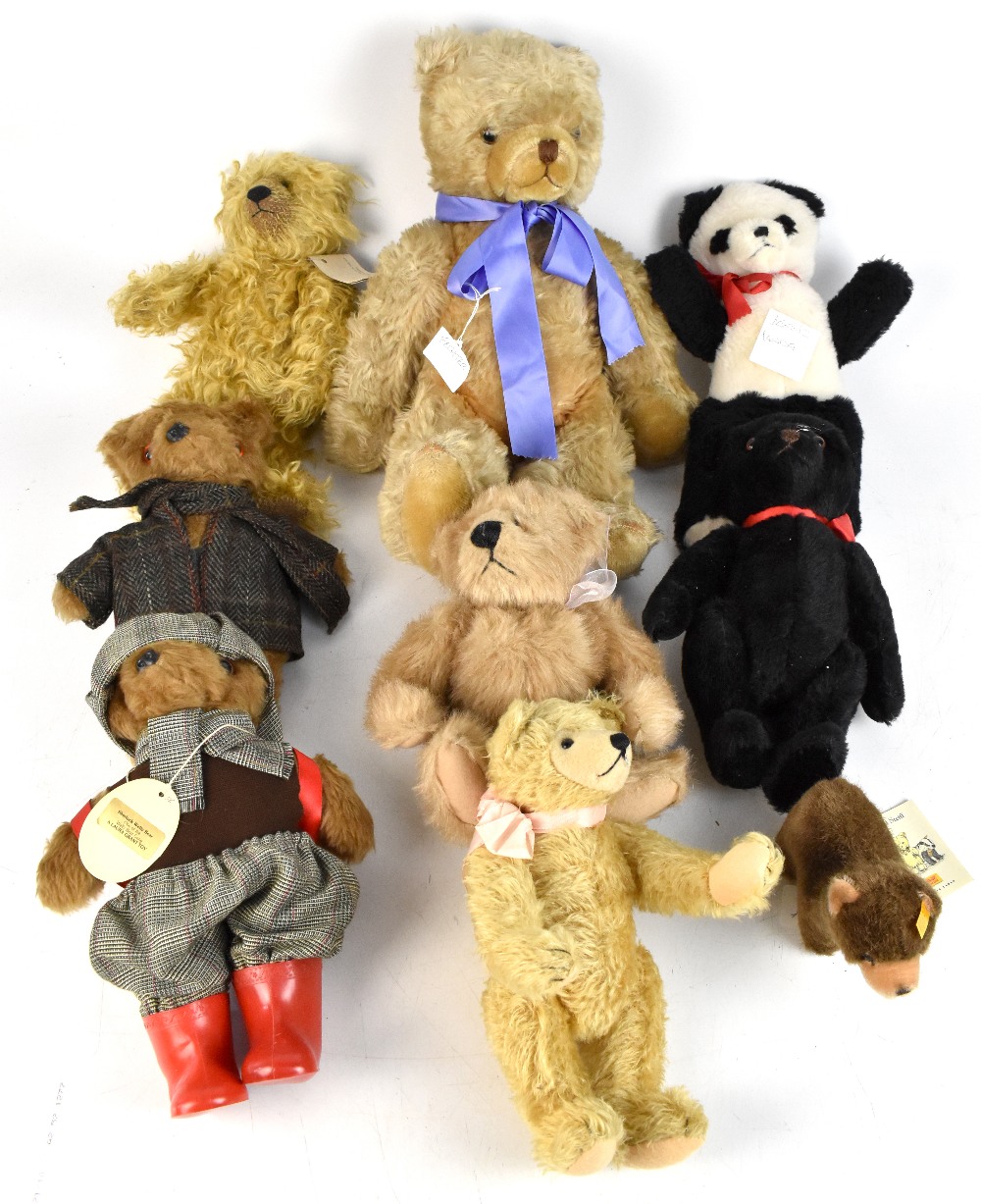 Nine teddy bears including Steiff 'Browny Bär 14', two Laura Grant 'Wellie Bear Gang' bears in