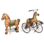 A child's tricycle modelled as a horse, on cast iron base with leather saddle, approx 86 x 80cm, and