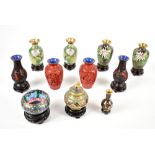 Five 20th century Chinese cloisonne enamel vases, a bowl and small lidded incense vessel with gilt