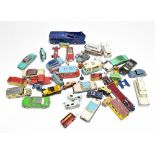 A group of loose die cast model cars and vehicles with manufacturers including Dinky and Corgi and