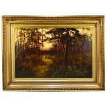 F.WALTERS; oil on canvas, woodland landscape with figure leading sheep in mid ground, signed lower