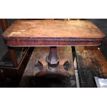 A 19th century mahogany tea table, the D-shaped foldover swivel top on column and quadraform base,