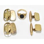 NORMAN VICTOR BASSANT; a 9ct yellow gold signet ring with oval hardstone, a pair of silver gilt