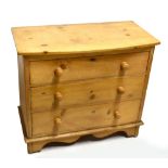 An old pine chest of three long drawers on bracket feet, width 92cm, depth 47.5cm, height 79cm.