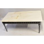 A reproduction marble top coffee table, the silvered base on fluted column supports, length 126cm.