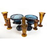 GEORGE DAVIDSON; eight pieces of cloud glass including a pair of amber trumpet vases, height 22cm, a