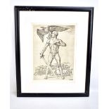 A German Third Reich propaganda etching depicting a nude Arian male with sword and eagle clutching