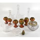 A selection of glassware including six End of Day glass posy vases, height of largest 14cm, 19th