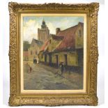 EASTERN EUROPEAN SCHOOL; oil on board, figural street scene with Orthodox church to background,