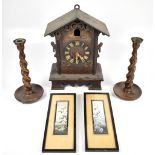 A Black Forest-type cuckoo clock for restoration, height 39.5cm, a pair of oak barley twist