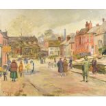 F HEWIT; oil on canvas, figures in street scene beside St Bartholomew's Church Wilmslow, signed