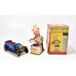 A boxed tin plate mechanical 'Piggy Cook' figure and a Japanese tin plate car (af).Additional