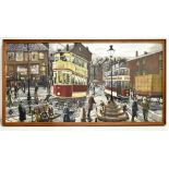 DOUG KEWLEY (born 1938); oil on canvas, a Northern figural street scene featuring two trams,