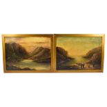 G WALKER; a pair of oils on card, coastal landscape with figures in an inlet and mountainous lake