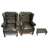 A pair of recently upholstered buttoned leather wing armchairs on square supports, and a matching