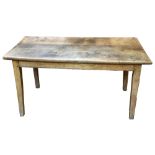 A late George III oak plank top rectangular kitchen/dining table on square section tapering